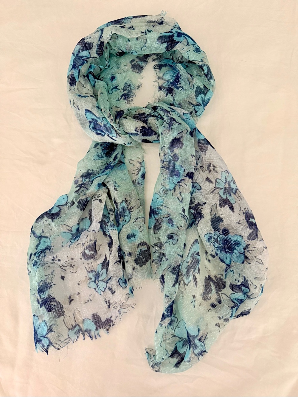 Blue Floral Metallic Scarf Sheer Gauze Watercolor Boho Coastal Cottagecore 72x26